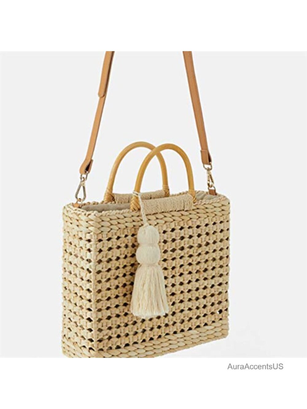 Straw Woven Bucket Bag Top Handle Drawstring Rattan Handbag Beach Purse - Picture 2 of 6